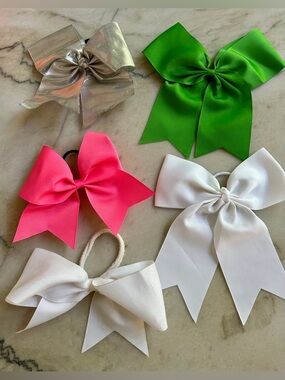 Set of Satin Hair Bows in Green, Hot Pink, White & Silver